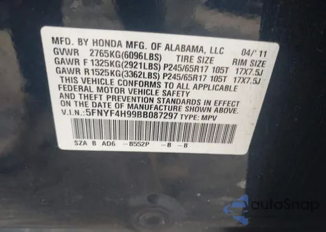 2011 Honda Pilot Touring z USA, uszkodzony, nr VIN 5FNYF4H99BB087297